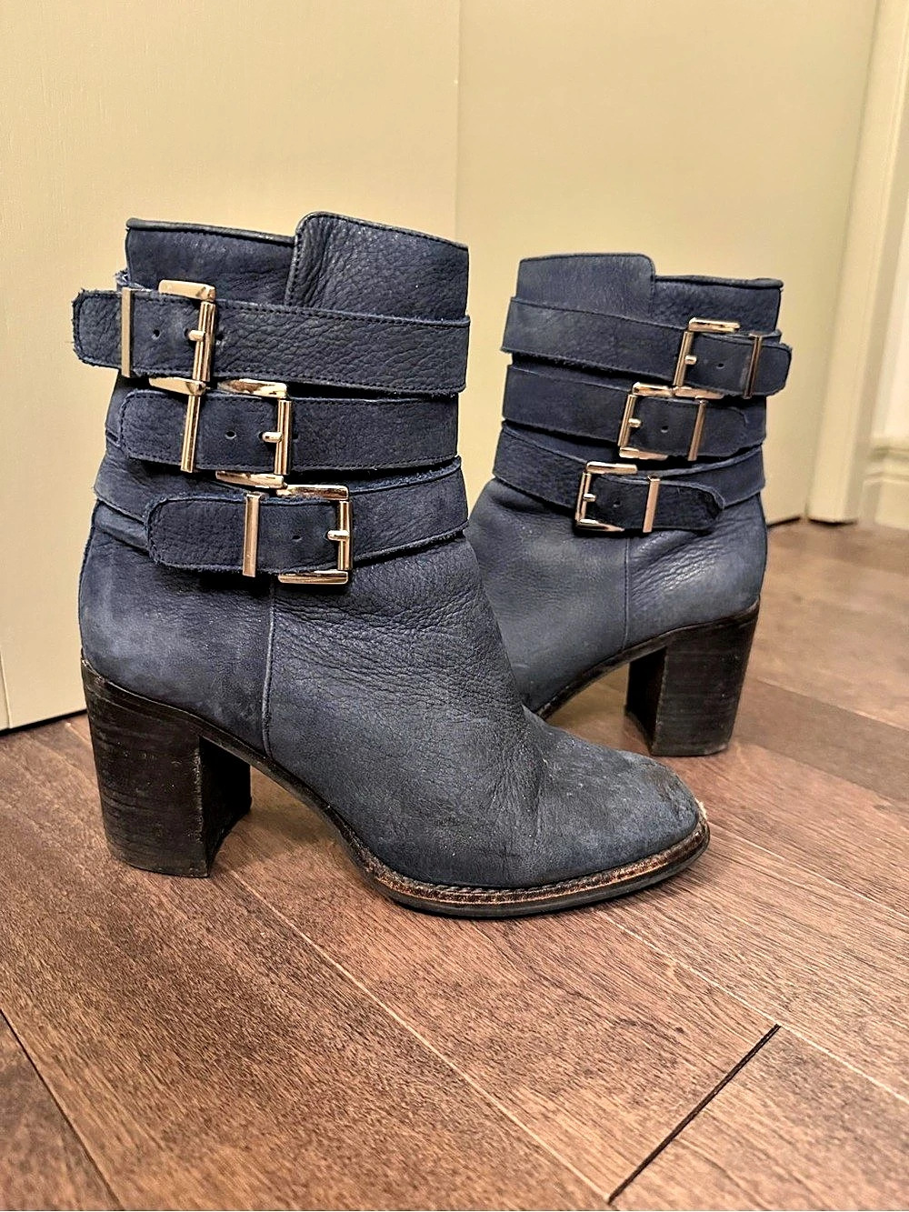 Jeffrey Campbell Rayburn Navy Nubuck Triple Buckle Ankle Boots Size 8